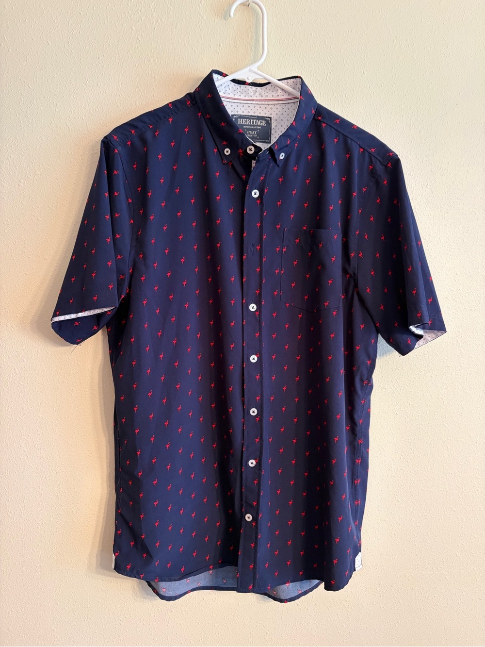 Heritage Navy Short-Sleeve Button-Down Shirt with Red Micro Print